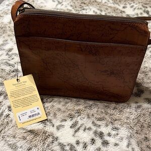 Patricia Nash Cognac Map-Embossed Leather Crossbody